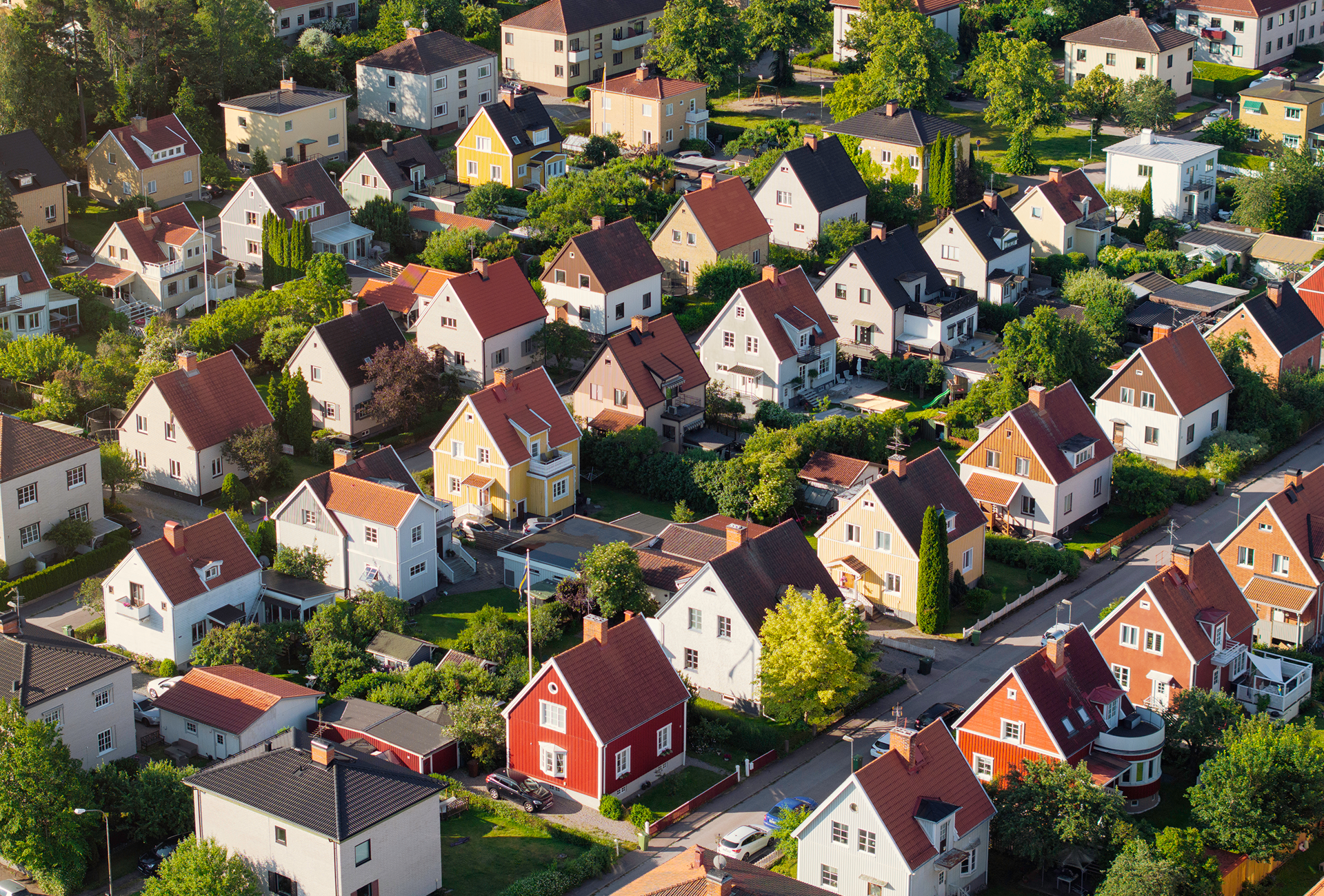 Colorful rooftops in residential neighborhood