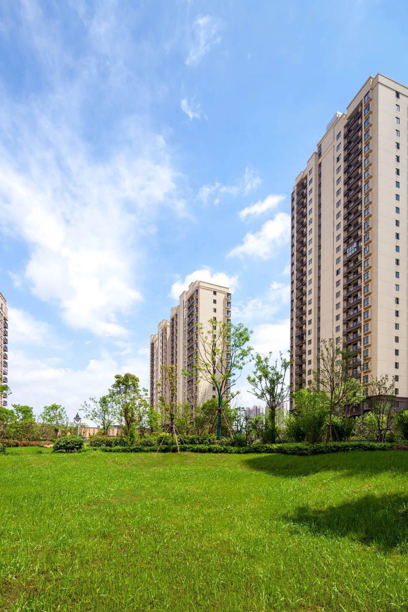 Urban skyline with grassy foreground